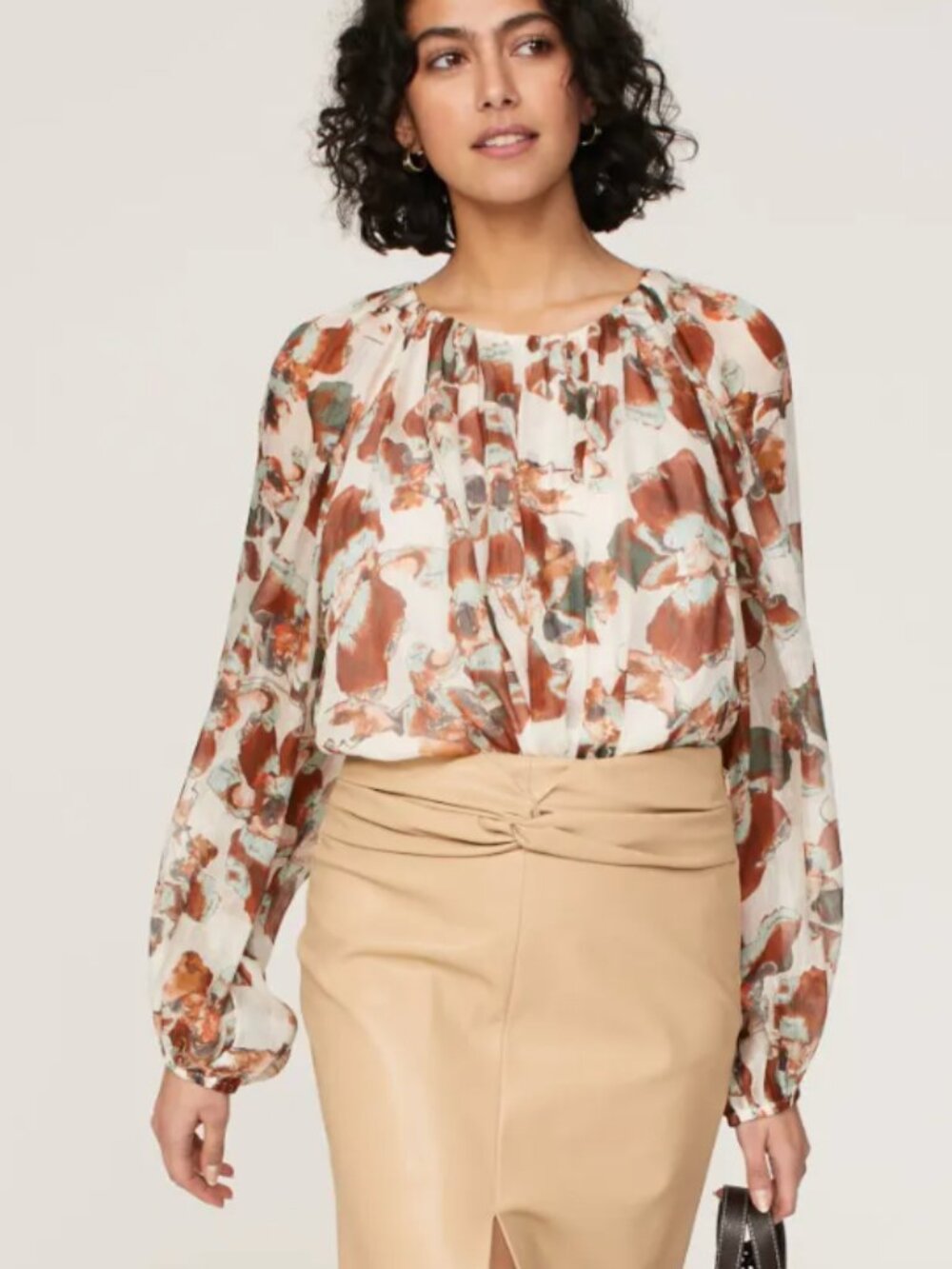 Tanya Taylor Elaine Top in White & Brown Floral Linen Silk Long Sleeve Blouse